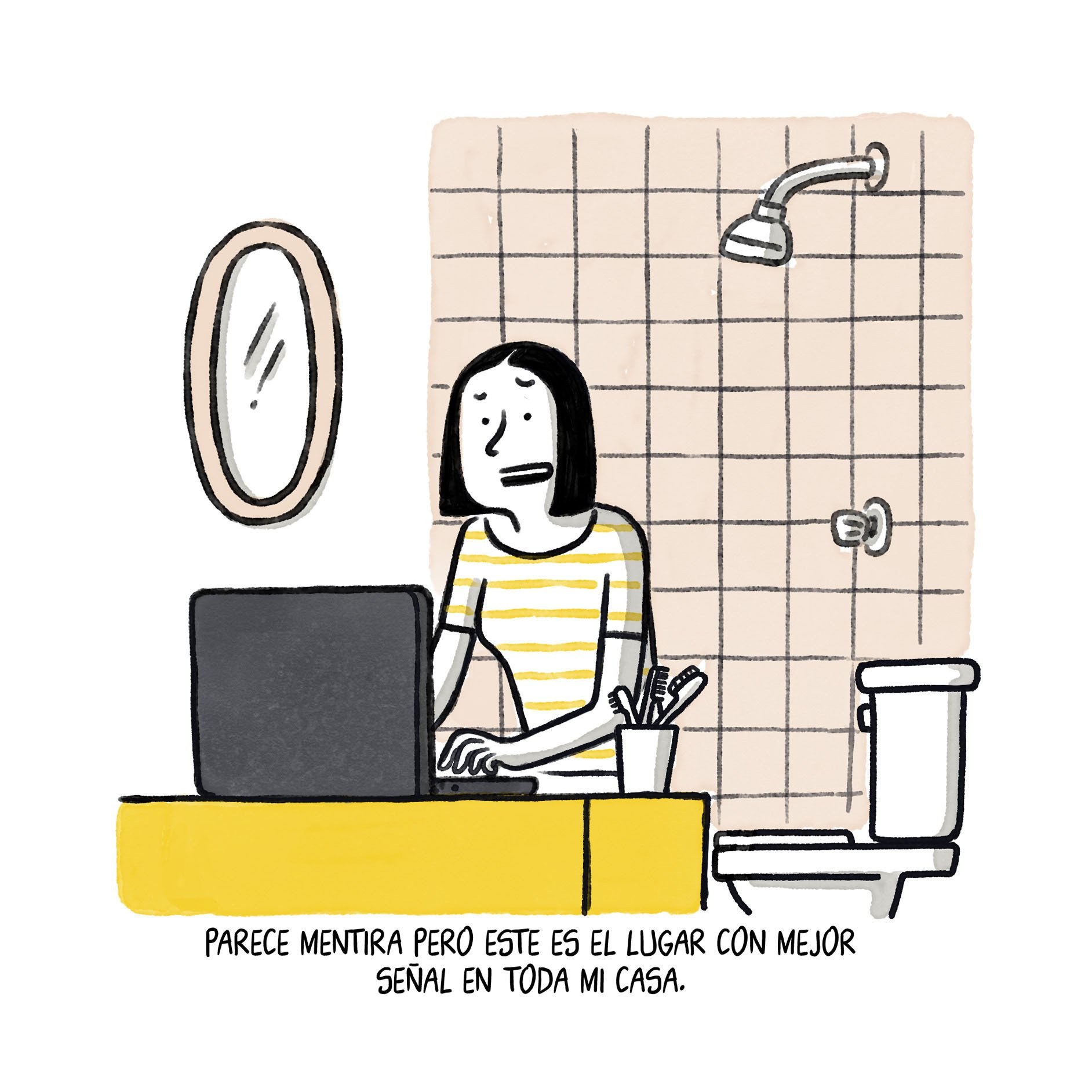 mujer trabajando en el baño debido a la mala señal de internet